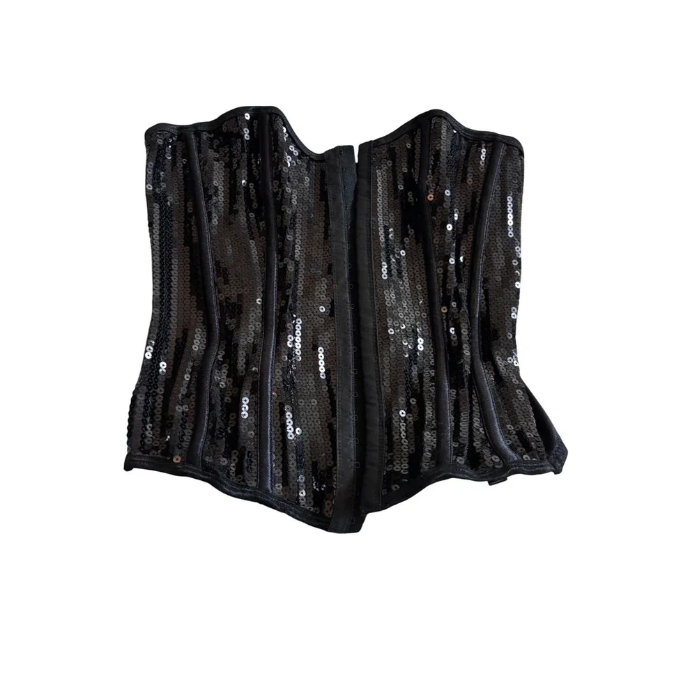 Vintage Black Sequin Corset Top Y2K L Sparkly Boned Bustier Hook Eye Night Out